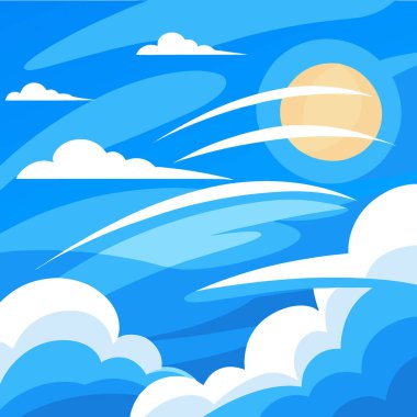 Parlak mavi bulutların ve taze bir manzarayla sabah rüzgarının tadını çıkarmak için gökyüzüne bakın. Yapay zeka üretildi. Vektör simgesi