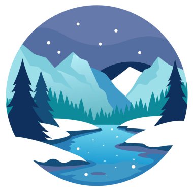 Kış ormanı vadisinde yuva yapmış karlı göl. Sakin su. Kar yağışı. Doğa geçmişi. Yapay zeka üretildi. Vektör simgesi