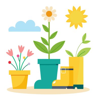 Baharın güneşli baharı ya da baharın bahçesinde çiçek saksıları ve sarı çizme bahçeleri. Yapay zeka üretildi. Vektör simgesi