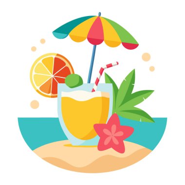 Yaz tatili için plajda renkli şemsiyeli ve meyveli tropik kokteyl. Yapay zeka üretildi. Vektör simgesi