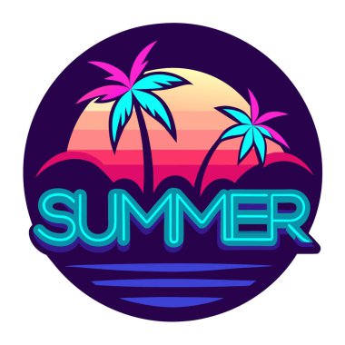 Karanlık Tropikal Ortam 'da Parlayan Neon June tabelası. Summers 'ın gelişini duyuruyorum. Yapay zeka üretildi. Vektör simgesi