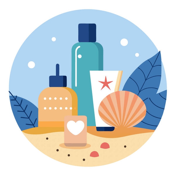 Luxury Skincare Products on Sandy Beach with Seashells and Soft Lighting. ИИ генерируется. Значок вектора