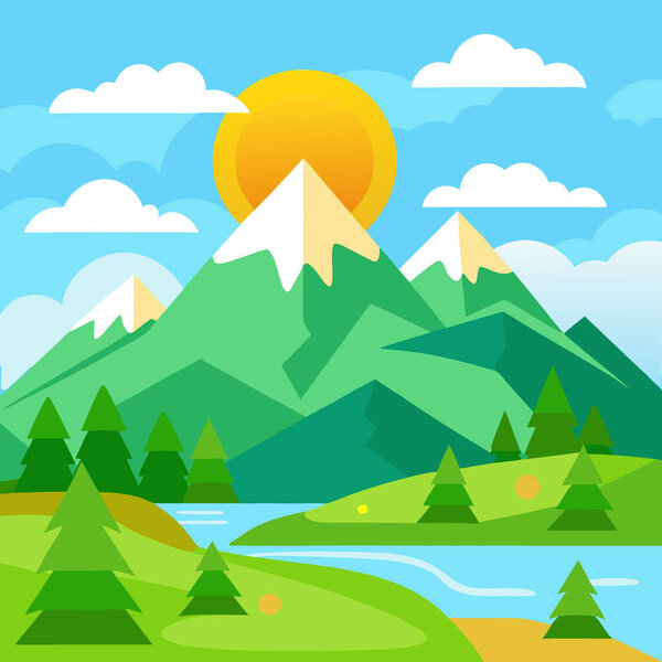 landscape in the summer a beautiful sunny summer day with green mountains. AI generated. Vector icon