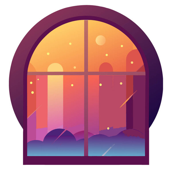 Rainy Window at Sunset with Droplets in Photorealistic Style Warm Ambient Lighting. AI generated. Vector icon
