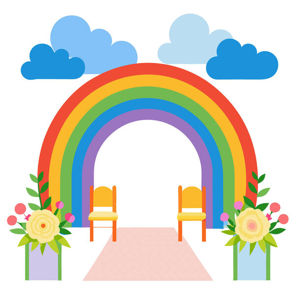 Яркая радужная свадьба с цветочной аркой и красочными стульями под солнечным небом. ИИ генерируется. Значок вектора