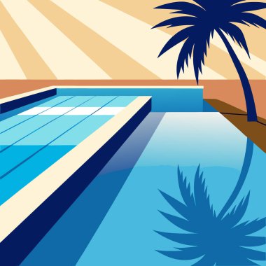 Yüzme havuzunun kenarlarında palmiye ağaçlarının gölgeleri olan güzel güneş ışığı yansımaları. Yapay zeka üretildi. Vektör simgesi