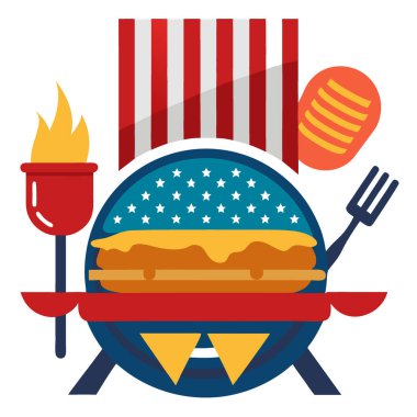 4 Temmuz kutlamaları için Amerikan bayrağıyla barbekü üzerine ızgara yapılmış hamburger ve mısır. Yapay zeka üretildi. Vektör simgesi