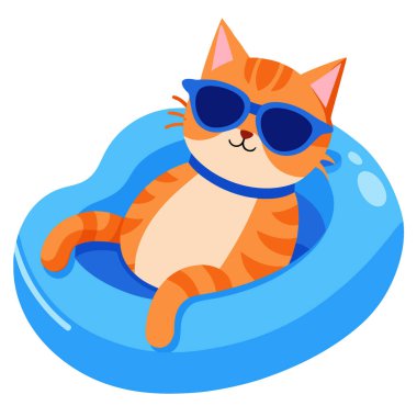 Mavi havuzda süzülen güneş gözlüklü kedi berrak su yaz atmosferinde süzülür. Yapay zeka üretildi. Vektör simgesi