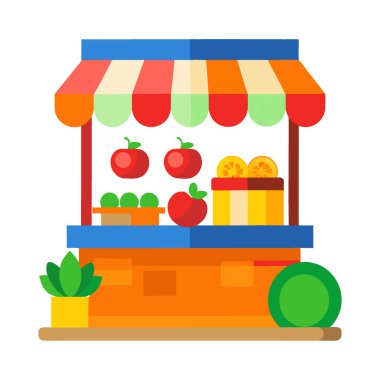 Renkli sokak marketi sebze standı. Canlı ürünler. Güneşli bir gün. Yerel bir dükkan, yapay zeka üretiyor. Vektör simgesi