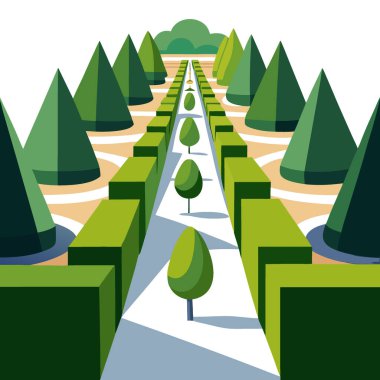 Fransız resmi bahçesindeki geometrik yerleşim alanlarında düzgünce kırpılmış çitler. Yapay zeka üretildi. Vektör simgesi