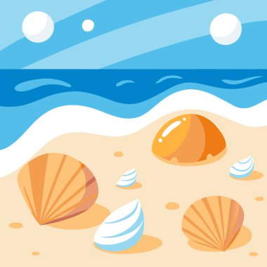 Yaz tatilinde deniz kabukları kumlu kumsalda okyanus dalgaları ile dağılmış. Yapay zeka üretildi. Vektör simgesi