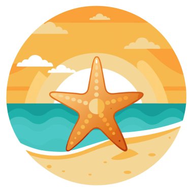 Güneşin doğuşunda kumlu sahilde denizyıldızı. Arka planda okyanus dalgaları. Yaz tatili görüntüsü. Yapay zeka üretildi. Vektör simgesi