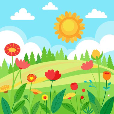 Güneşli çayır, canlı kır çiçekleri parlak bir yaz günü gökyüzü altında taze çiçek açar. Yapay zeka üretildi. Vektör simgesi