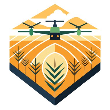 Genişleyen bir tahıl tarlasının, hasata hazır geometrik desenli drone görüntüsü. Yapay zeka üretildi. Vektör simgesi