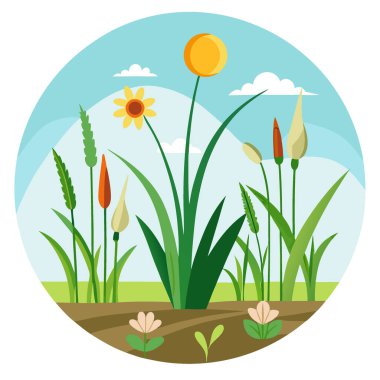 Yeni filizlenmiş çimenler. Narin çiçekli bitkiler. Yaz sabahının başında. Botanik yapay zeka üretildi. Vektör simgesi