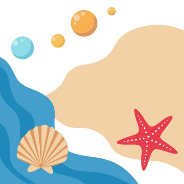 Deniz kabukları ve deniz yıldızları kumlu yaz arkaplanında yapay zeka tarafından oluşturulan geniş bir kopya alanı görüntüsüyle sınırdır. Vektör simgesi