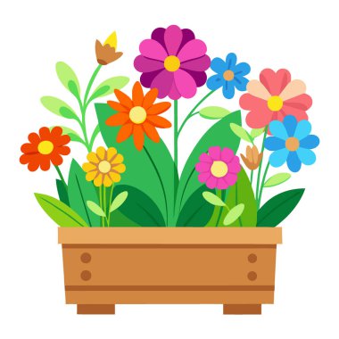 Tahta Çiçek Kutusu Çiçek Açan Çiçekler 'deki canlı Yaz Çiçeği Bahçesi. Yapay zeka üretildi. Vektör simgesi