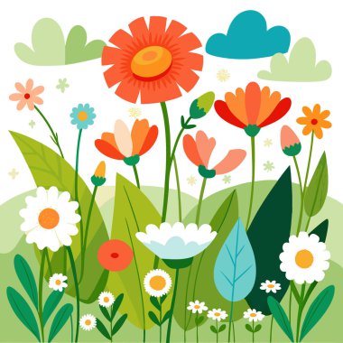 Çiçek açan papatyaları olan canlı yaban çiçeği çayırı. Gelincikler. Yazın diğer çiçekler. Yapay zeka üretildi. Vektör simgesi