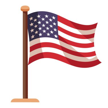 Yapay zekanın ürettiği ahşap bir direğe yerleştirilmiş büyük bir Amerikan bayrağı zarif bir şekilde rüzgarda dalgalanıyor. Vektör simgesi