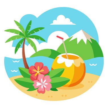 Kumsalda güneşli günlerin tadını çıkarıyorum. Hindistan cevizleri ve yaz manzarasında canlı çiçeklerle. Yapay zeka üretildi. Vektör simgesi