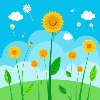 Çiçekli Karahindiba ve Tohumlar Sunny Landscape 'te Parlak Mavi Gökyüzüne Karşı Yüzüyor. Yapay zeka üretildi. Vektör simgesi