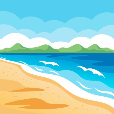 Haziran. Kumlu kumsalın yaz arkaplanı seyahat ve tatil temalı okyanus dalgalarıyla yapay zeka üretildi. Vektör simgesi