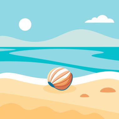 Minimalist plaj sahnesi, pürüzsüz kumda tek deniz kabuğu ile yazın başlangıcını yakalıyor. Yapay zeka üretildi. Vektör simgesi