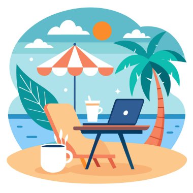 Yaz tatilinde deniz sahilinde dizüstü bilgisayarı ve kahve fincanı olan açık ofis ya da çalışma alanı yapay zeka üretiyor. Vektör simgesi