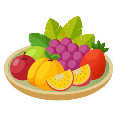 Mangolu şeffaf Fresh Fruit Platter. Üzüm. Kivi ve ahududu. Yapay zeka üretildi. Vektör simgesi