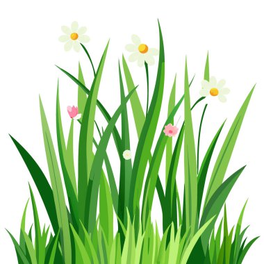 Çiçek açan narin bitkilerle yemyeşil çimenleri yakın plan çek. Taze. Alan. Doku yapay zeka üretildi. Vektör simgesi