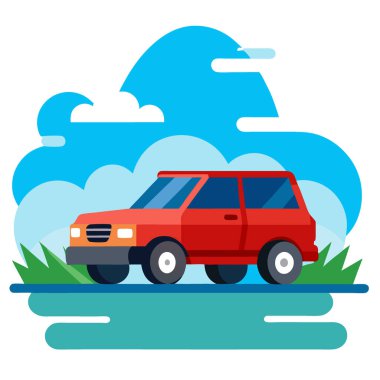 Kırsal bir yolda, bulutlu mavi bir gökyüzüne doğru hızla giden kırmızı bir SUV. Yapay zeka üretildi. Vektör simgesi