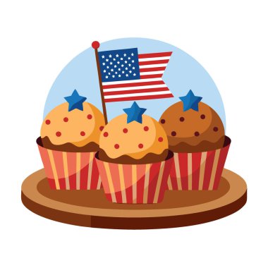 Tahtada Amerikan bayraklarıyla süslenmiş tatlı kekler 4 Temmuz için mükemmel. Yapay zeka üretildi. Vektör simgesi