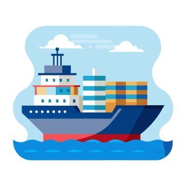 Sakin bir deniz yüzeyinde giden bir kargo gemisi. Teknoloji stili gövde ile. Mavi çizgiler... yapay zeka üretildi. Vektör simgesi