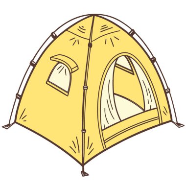 Pencereli sarı kamp çadırı. Beyaz arka planda izole edilmiş. Şeffaf arka plan. Yapay zeka üretildi. Vektör simgesi