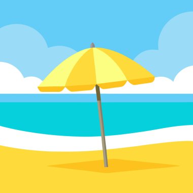 Güneşli bir günde açık mavi gökyüzünün altında el değmemiş bir plajda yalnız sarı bir şemsiye. Yapay zeka üretildi. Vektör simgesi