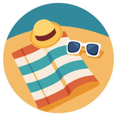 Hasır şapka. Güneş gözlüğü. Plaj havlusu kitabı. Deniz kenarında mükemmel bir gün. Yapay zeka üretildi. Vektör simgesi