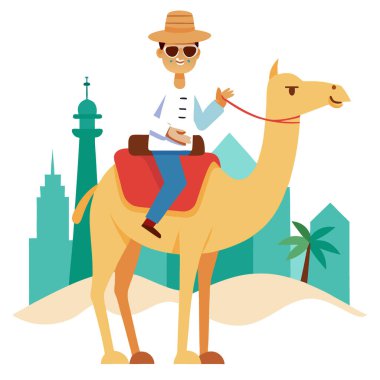Dubai 'de güneş gözlüğü gibi seyahat unsurlarıyla tatil yapan bir turist devesi. Hawaii gömleği. Evet. Yapay zeka üretildi. Vektör simgesi