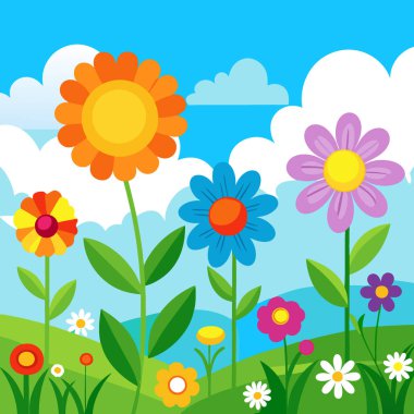 Renkli çiçeklerle dolu yaz çayırının kapanışı. Mavi gökyüzü ve arka planda güneş ışığı. Yapay zeka üretildi. Vektör simgesi