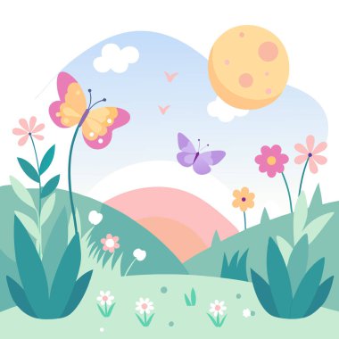 Kelebekli Rüya Çayırı Gün Işığı ve Empresyonist Stili Pastel Renkleri. Yapay zeka üretildi. Vektör simgesi