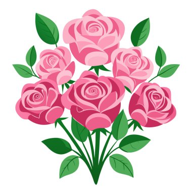 Enfes pembe gül buketi. Çiçeklerin yemyeşil yapraklarla sergilenmesi. Yapay zeka üretildi. Vektör simgesi