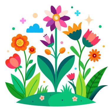 June Blooms Renkli Bahçe Sahnesi Büyüme ve Yenilenmeyi sembolize eden çiçeklerle dolup taşıyor. Yapay zeka üretildi. Vektör simgesi