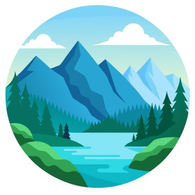 June Serene Dağı Vista Gölü. Yaz Seyahati ve Takvim Tasarımları için ideal arka plan yapay zeka oluşturuldu. Vektör simgesi