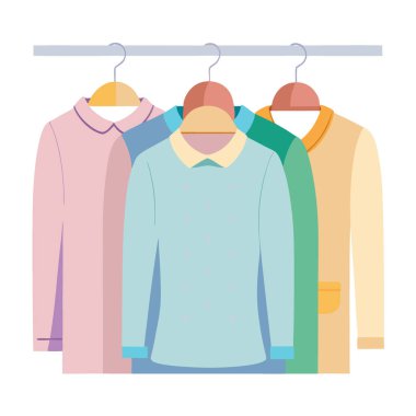 Pastel süveter ve gömlek, üzerinde hasır şapka olan bir dolaptaki ahşap askılarda asılı. Yapay zeka üretildi. Vektör simgesi