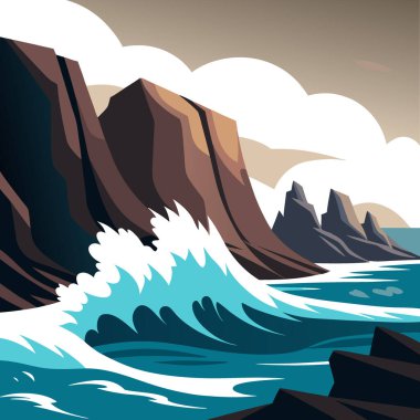 Güçlü çarpışan dalgaları ve karanlık volkanik kumlarıyla engebeli sahil şeridi. Yapay zekanın oluşturduğu doğa duvar kâğıdı. Vektör simgesi