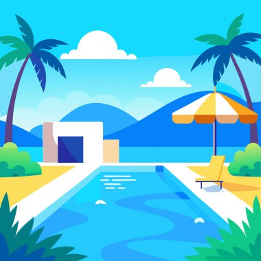 Serinletici yaz havuz kenarı deneyimi canlı mavi su ve dingin doğa arka planı. Yapay zeka üretildi. Vektör simgesi