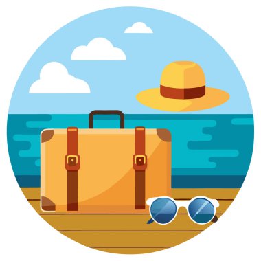 Hasır Şapkalı ve Deniz kıyısındaki tahta güvertede güneş gözlüklü klasik bavul. Yapay zeka üretildi. Vektör simgesi