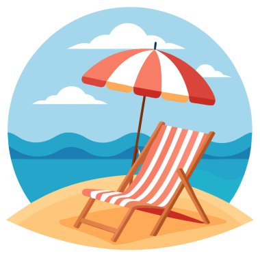 Tahta sandalye ve çizgili şemsiye kumlu sahilde gün ışığı altında sakin su altında yapay zeka üretildi. Vektör simgesi