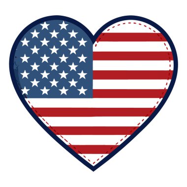 Şeffaf arka planda izole edilmiş dikiş efektli Amerikan bayrağı şeklinde bir kalp. Yapay zeka üretildi. Vektör simgesi