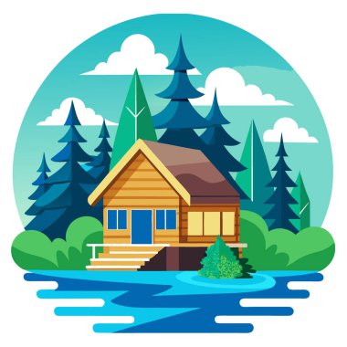 Göl kıyısındaki modern orman kulübesinde yaz manzarası yeşillik kütükleri var. Yapay zeka üretildi. Vektör simgesi