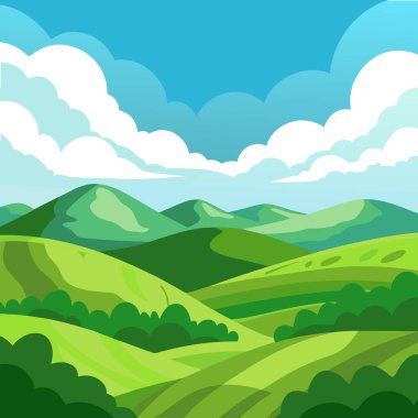 Gün ortasında sakin bir manzarada kısmen bulutlu bir gökyüzünün altında yemyeşil yuvarlanan tepeler. Yapay zeka üretildi. Vektör simgesi